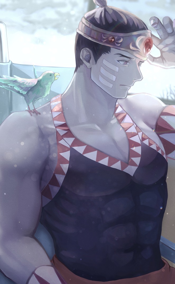 1boy abs ace_attorney acro_(ace_attorney) adjusting_clothes adjusting_headwear animal animal_on_shoulder arm_at_side arm_up bare_shoulders biceps bird bird_on_shoulder black_tank_top brown_eyes brown_hair capcom circlet closed_mouth cloud cloudy_sky collarbone commentary day fingernails looking_down looking_to_the_side male_focus muscular muscular_male on_shoulder pectoral_cleavage pectorals phoenix_wright:_ace_attorney_-_justice_for_all sakota_(sakota_6box) short_hair sky sleeveless solo tank_top topknot upper_body