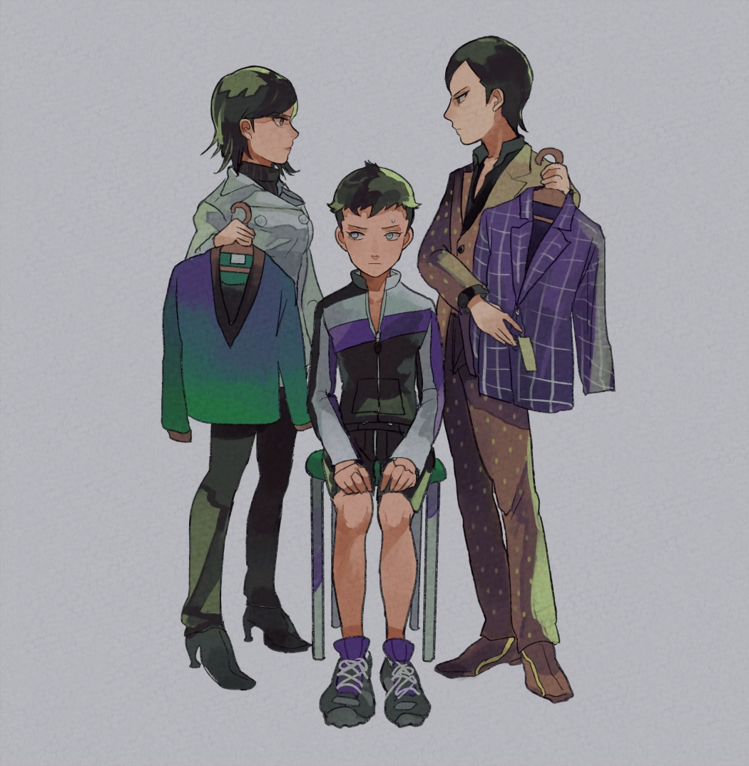 1girl 2boys black_hair black_pants black_shorts clothes_hanger coat demi-fiend formal_clothes full_body grey_background hands_on_lap high_heels hikawa_(megami_tensei) holding holding_clothes_hanger jacket misosuke multiple_boys on_stool pants shin_megami_tensei shin_megami_tensei_iii:_nocturne shoes shorts sitting sneakers standing stool striped_clothes striped_jacket suit sweatdrop sweater takao_yuko trying_on_clothes turtleneck turtleneck_sweater white_coat white_jacket zipper_top