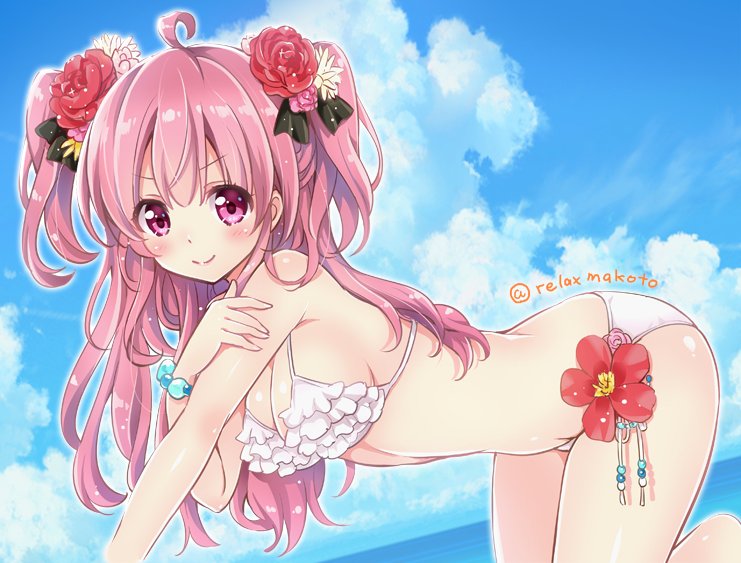 &gt;:) 1girl ahoge all_fours bad_id bad_twitter_id bikini blush bracelet breasts cloud cloudy_sky commentary_request day female_focus flower frilled_bikini frills hair_flower hair_ornament hand_on_own_shoulder jewelry long_hair looking_at_viewer original pink_eyes pink_hair sakurai_makoto_(custom_size) side-tie_bikini_bottom sky solo swimsuit twitter_username two_side_up v-shaped_eyebrows