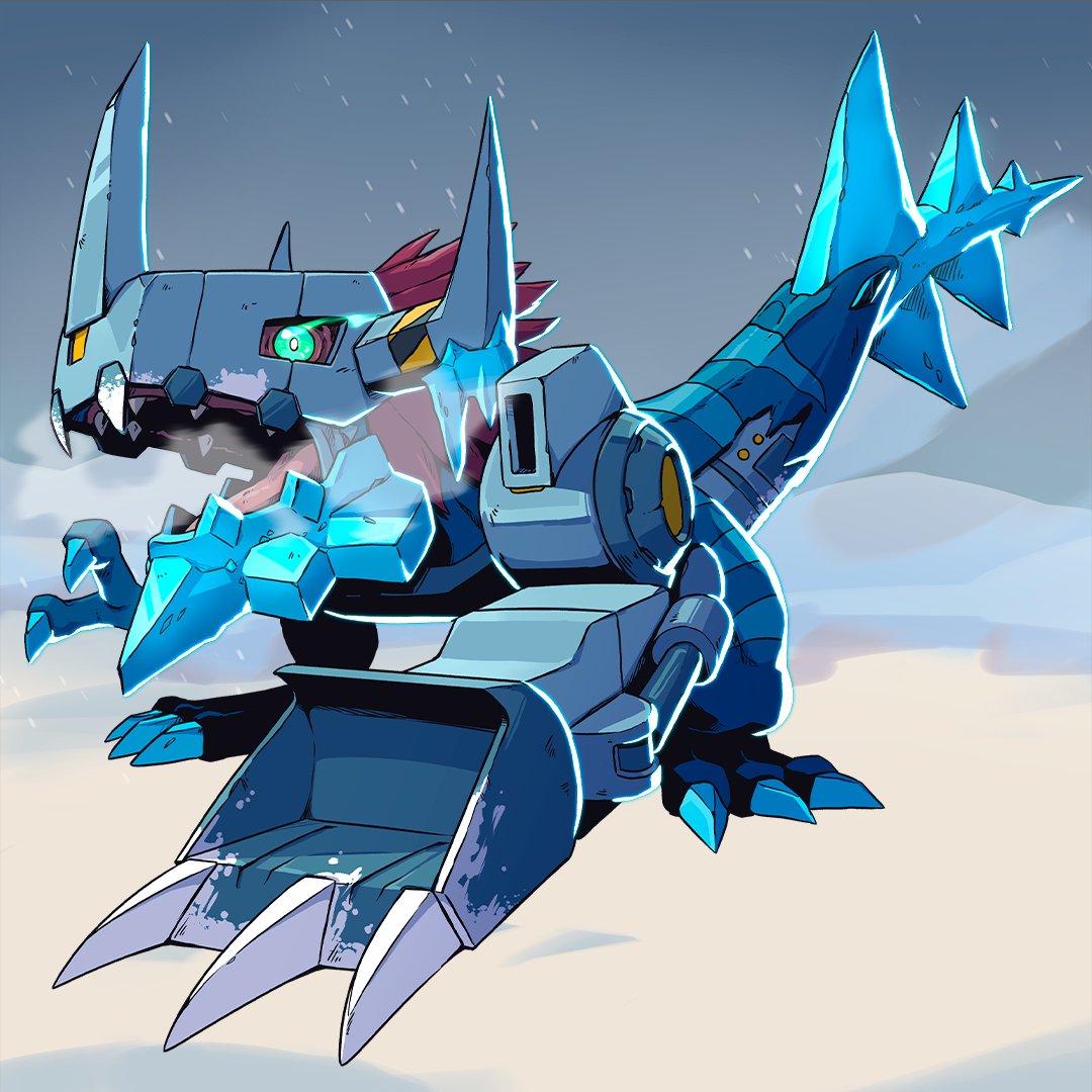 addriano_divino blue_eyes claws cyborg digimon digimon_(creature) dinosaur horns ice metalgreymon oridigi original sharp_teeth solo tail teeth yukiagumon