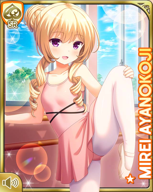1girl :d ayanokoji_mirei ballet blonde_hair bow card character_name curly_hair day drill_hair girlfriend_(kari) hair_ornament indoors leggings leotard long_hair looking_at_viewer official_art open_mouth ouju pink_leotard purple_eyes qp:flapper ringlets shirt shoes skirt smile solo standing standing_on_one_leg tagme very_long_hair white_leggings