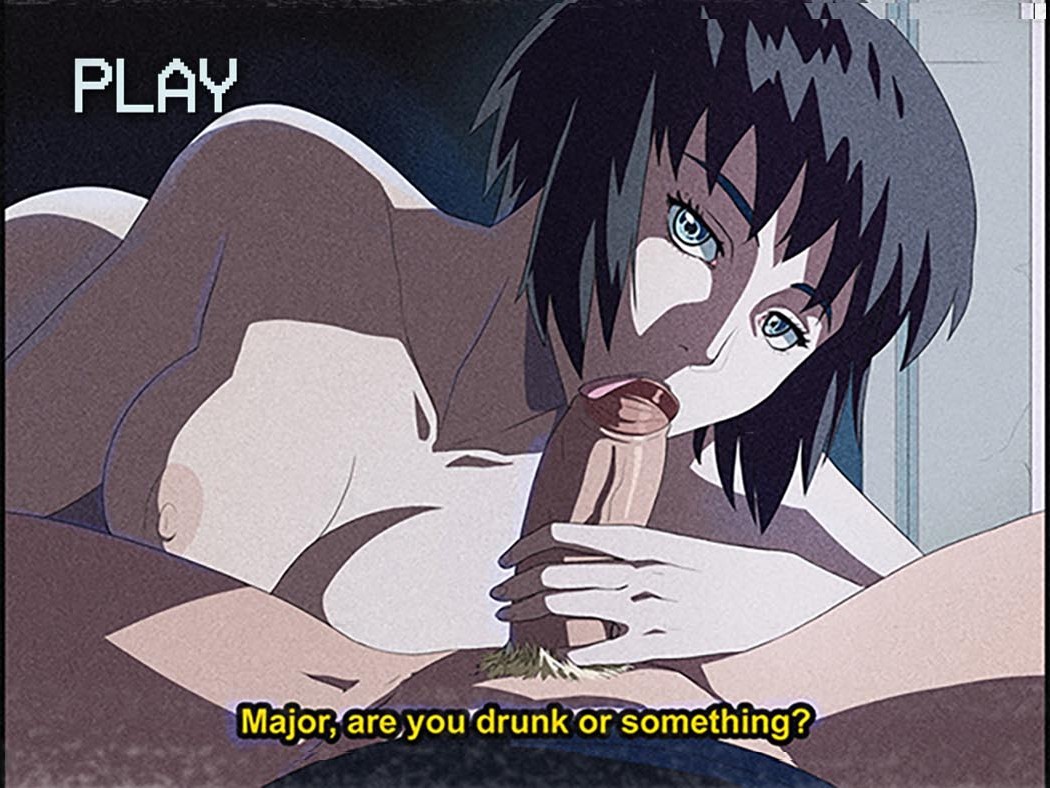 1990s_(style) 1boy 1girl batou black_hair blue_eyes breasts dirtyero_(artist) erection fake_screenshot fellatio female_focus ghost_in_the_shell hetero kusanagi_motoko large_breasts looking_at_viewer nipples nude oral penis pov pubic_hair retro_artstyle short_hair solo_focus straight_hair subtitled uncensored vhs_artifacts vhs_filter