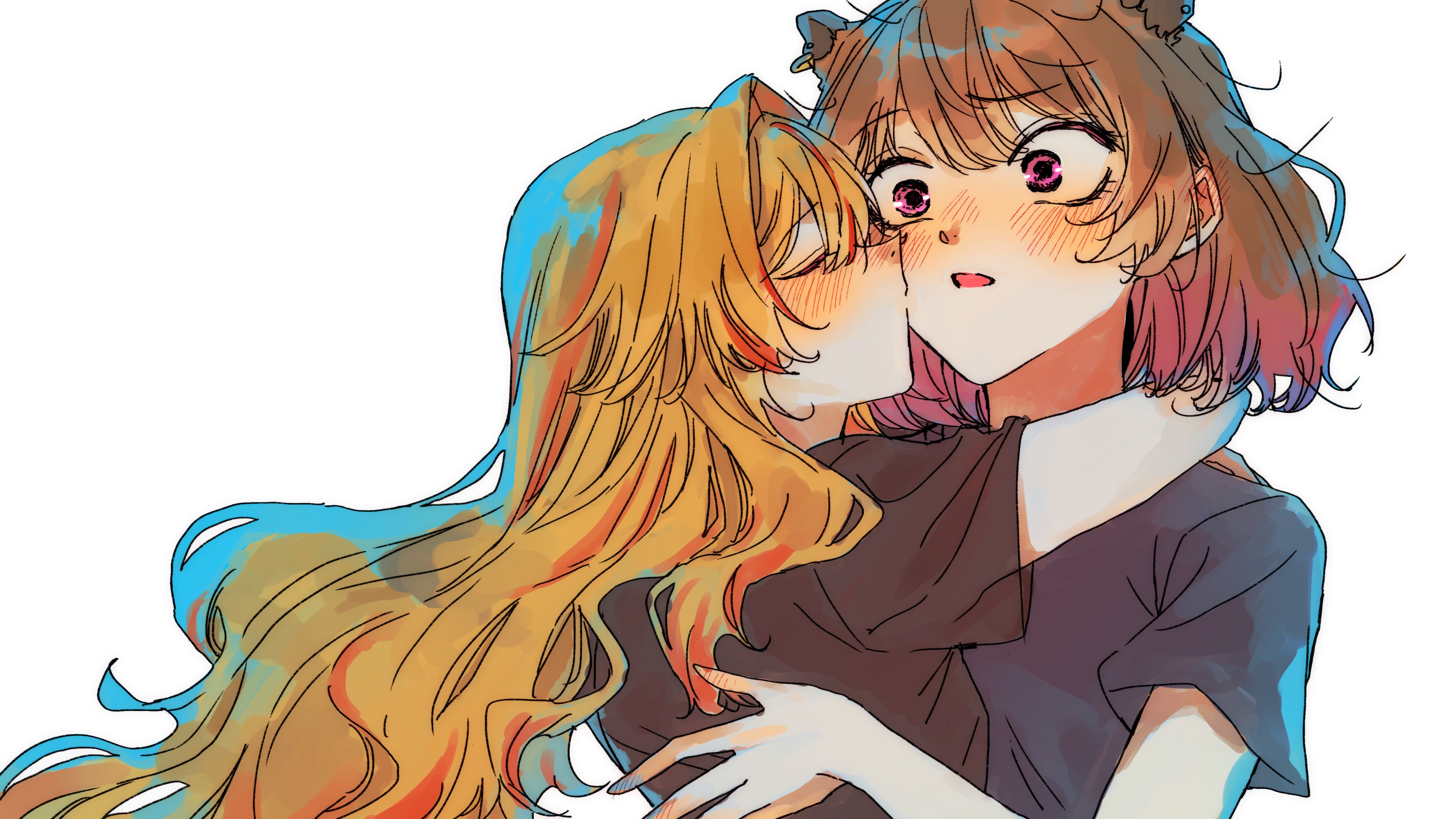 2girls absurdres amaotome animal_ears black_shirt blonde_hair blush brown_hair capybara_ears capybara_girl cheek_kiss closed_eyes commentary double_cheek_kiss gradient_hair highres hug kazami_kuku kiss kissing_cheek long_hair looking_at_another medium_hair multicolored_hair multiple_girls nanashi_inc. open_mouth pink_eyes pink_hair shirt simple_background symbol-only_commentary t-shirt upper_body virtual_youtuber white_background yunohara_izumi yuri