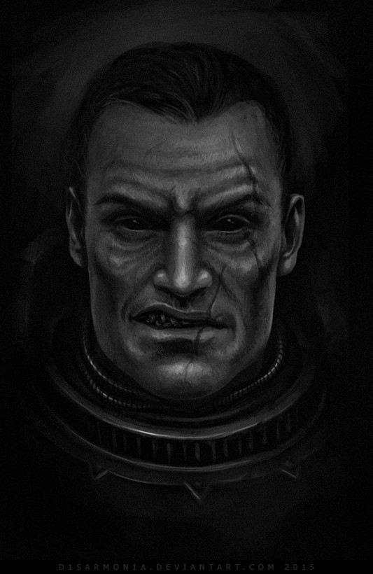 2015 armor artist_name black_eyes black_hair black_sclera breastplate colored_sclera dated gorget greyscale jago_sevatarion looking_at_viewer monochrome night_lords power_armor scar scar_across_eye scar_on_face scar_on_lip sharp_teeth short_hair shoulder_armor teeth veronica_anrathi warhammer_40k watermark web_address