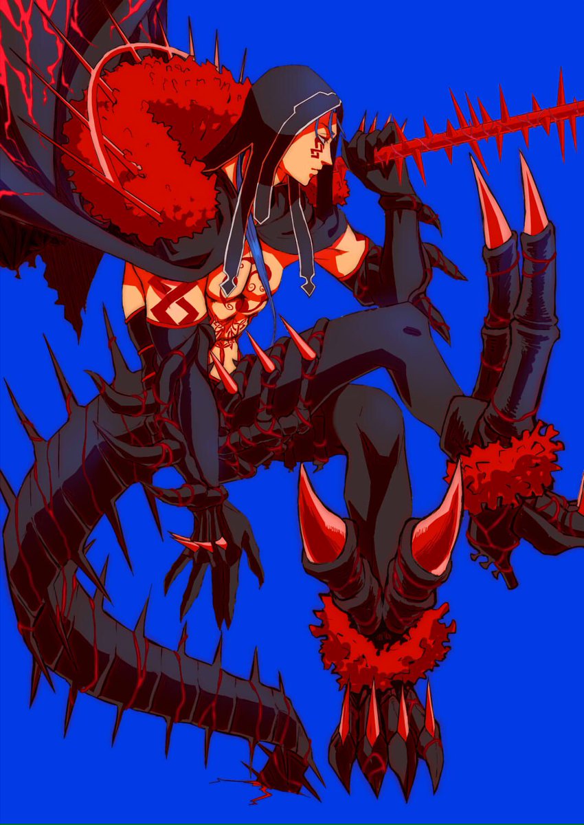 1boy abs biceps black_gloves black_pants blue_background blue_hair bodypaint cape claws closed_mouth crossed_legs cu_chulainn_(fate) cu_chulainn_(fate/stay_night) cu_chulainn_alter_(fate) cu_chulainn_alter_(fate/grand_order) cu_chulainn_alter_(third_ascension)_(fate) dark_blue_hair dark_persona detached_hood elbow_gloves expressionless facepaint fate/grand_order fate_(series) fur-trimmed_cape fur_trim gae_bolg_(fate) gloves highres holding holding_polearm holding_weapon hood hood_up long_hair male_focus monster_boy muscular muscular_male navel pants pectorals polearm ponytail red_eyes simple_background skin_tight solo spikes tail tikarawaza topless_male weapon