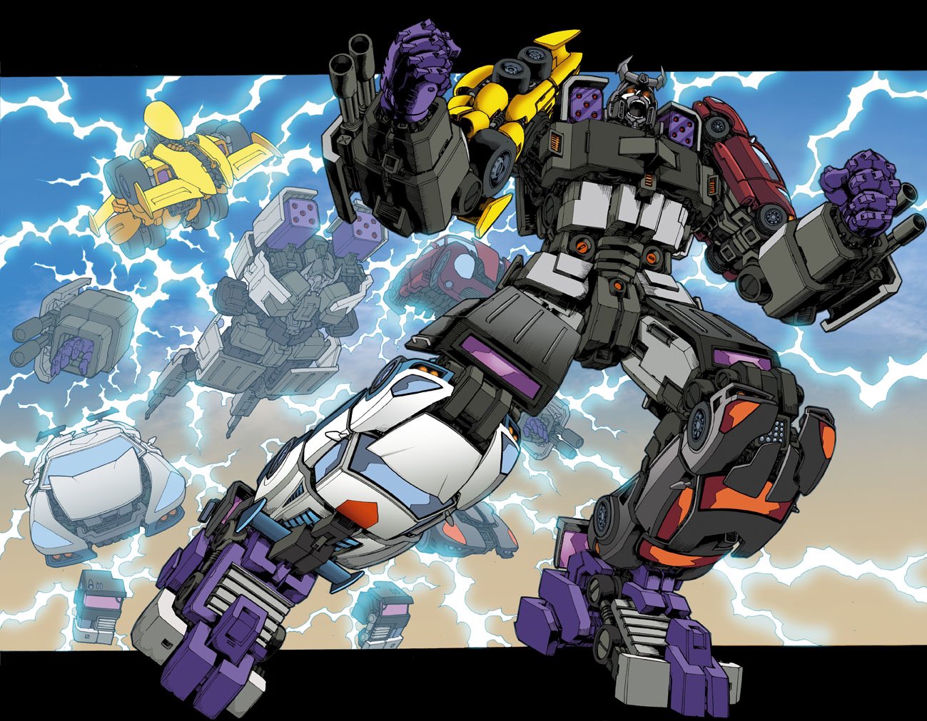 arm_cannon breakdown_(transformers) car clenched_hands commentary dead_end_(transformers) decepticon don_allan_figueroa dragstrip english_commentary gattai glowing glowing_eyes letterboxed mecha menasor motor_vehicle motormaster orange_eyes outside_border robot science_fiction stunticon transformers v-fin weapon wildrider