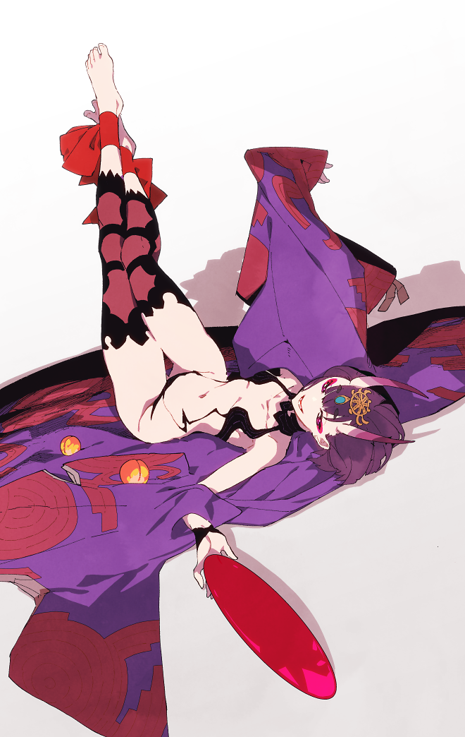 1girl :d amano_hana ankle_ribbon barefoot breasts cup eyeliner fate/grand_order fate_(series) female_focus headpiece horns japanese_clothes kimono leg_ribbon legs_up lying makeup navel on_back oni open_mouth purple_eyes purple_hair purple_kimono revealing_clothes ribbon sakazuki short_hair shuten_douji_(fate) skin-covered_horns small_breasts smile solo thigh_gap