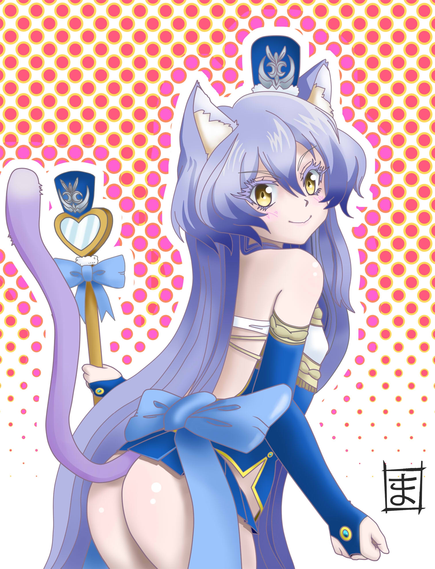 1girl animal_ear_fluff animal_ears artist_logo ass blue_dress blue_hair blue_ribbon blush bottomless breasts cat_ears closed_mouth detached_sleeves dress from_side hair_between_eyes hat heart_wand highres lips logo long_hair looking_at_viewer m-qubee magical_girl mini_hat polka_dot polka_dot_background ribbon sentai_red_ga_isekai_de_boukensha_ni_naru small_breasts smile solo teltina_liz_wagrel_alvarost thick_eyelashes very_long_hair waist_ribbon yellow_eyes