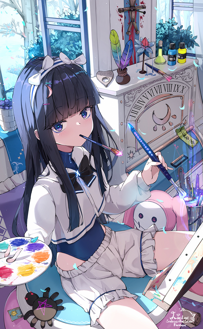 1girl black_hair bloomers blue_eyes bow bowtie bucket doll feathers highres holding holding_paint_palette holding_paintbrush holding_paint_palette leotard leotard_under_clothes liclac long_hair long_sleeves looking_at_viewer original ouija paint_palette paintbrush paintbrush_in_mouth painting_(action) paint_palette petals signature solo straw_doll turtleneck underwear voodoo_doll window
