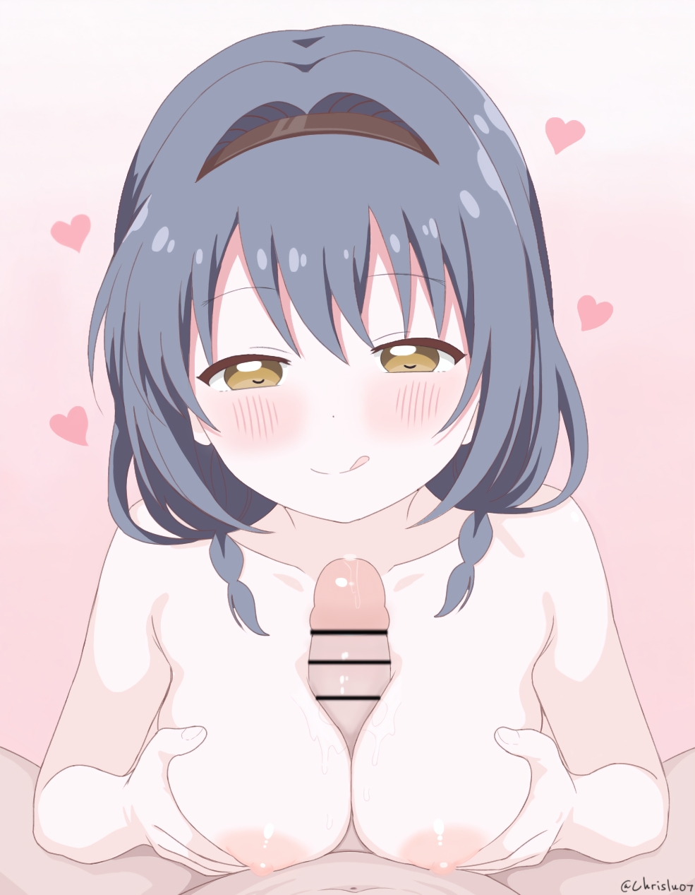 1boy 1girl blue_hair blush breasts chrislu07 closed_mouth furutani_himawari hairband hetero highres large_breasts looking_at_penis nipples paizuri pink_background short_hair signature simple_background smile tongue tongue_out upper_body yellow_eyes yuru_yuri