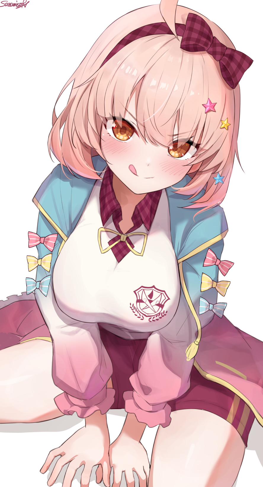 1girl :p ahoge aqua_bow aqua_jacket artist_name blush bow bow_hairband breasts chieru_(princess_connect!) chieru_(school_festival)_(princess_connect!) closed_mouth collared_shirt commentary gradient_clothes gradient_jacket hair_ornament hairband highres jacket large_breasts long_sleeves looking_at_viewer medium_hair open_clothes open_jacket orange_eyes pink_bow pink_hair pink_hairband pink_jacket pink_shirt pink_shorts plaid_clothes plaid_hairband plaid_shirt princess_connect! print_shirt ribbon sazamiso_rx shirt shorts signature simple_background smile solo star_(symbol) star_hair_ornament star_in_eye striped_bow symbol_in_eye thighs tongue tongue_out v-shaped_eyebrows v_arms white_background white_jacket white_shirt yellow_bow yellow_ribbon