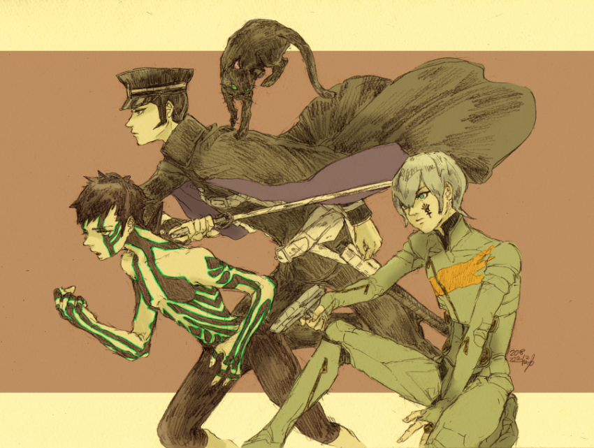 3boys bayu_(uyab003) belt black_cat black_hair black_hat black_pants blue_eyes bodysuit cat demi-fiend demon_(megami_tensei) devil_summoner:_raidou_kuzunoha_vs_the_soulless_army devil_summoner_(series) digital_devil_saga facial_mark feet_out_of_frame from_side full-body_tattoo full_body gakuran gouto grey_bodysuit grey_hair gun handgun hat holding holding_gun holding_sword holding_weapon in-franchise_crossover katana kuzunoha_raidou long_sleeves male_focus marking_on_cheek megami_tensei multiple_boys pants peaked_cap profile school_uniform serph shin_megami_tensei shin_megami_tensei_iii:_nocturne short_hair sideburns sword tattoo topless_male weapon white_belt yellow_eyes