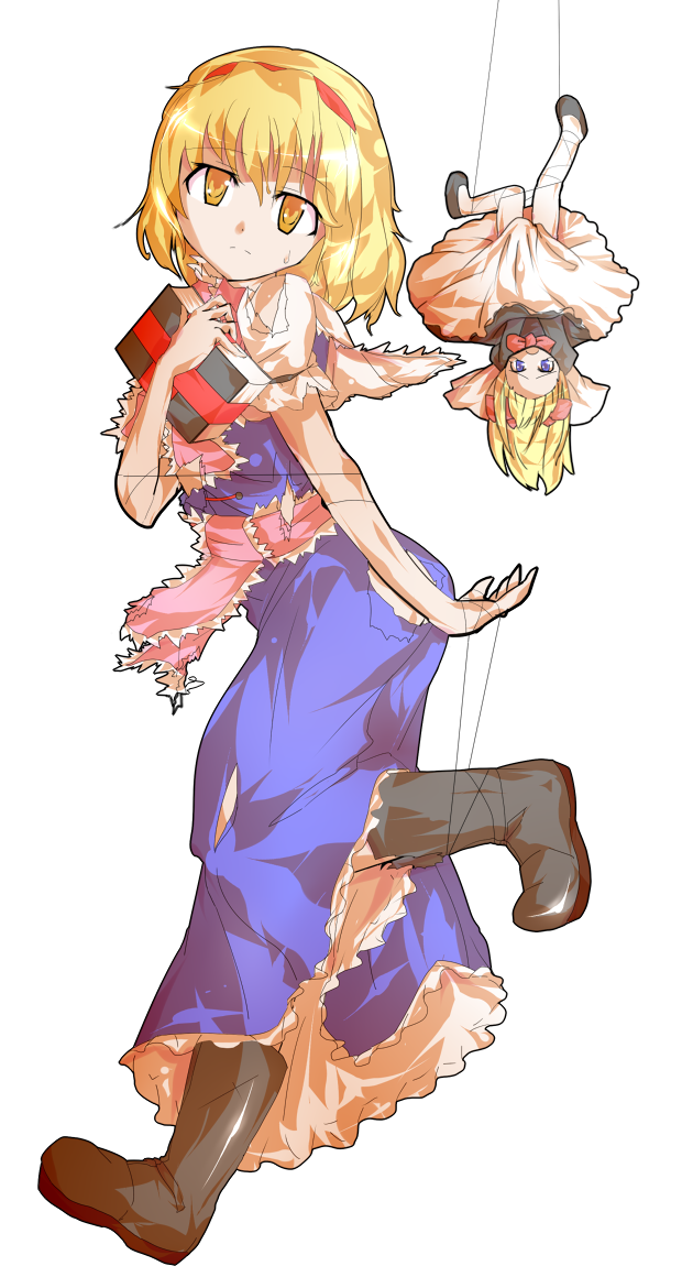 1girl alice_margatroid alphes_(style) blonde_hair blue_dress book boots bow brown_boots capelet commentary_request covering_ass covering_privates dairi defeat dress entangled full_body grimoire grimoire_of_alice hair_bow hairband hanging holding holding_book large_variant_set leg_up medium_hair parody puppet_strings red_hairband sash shanghai_doll solo style_parody tachi-e torn_clothes touhou transparent_background upside-down variant_set