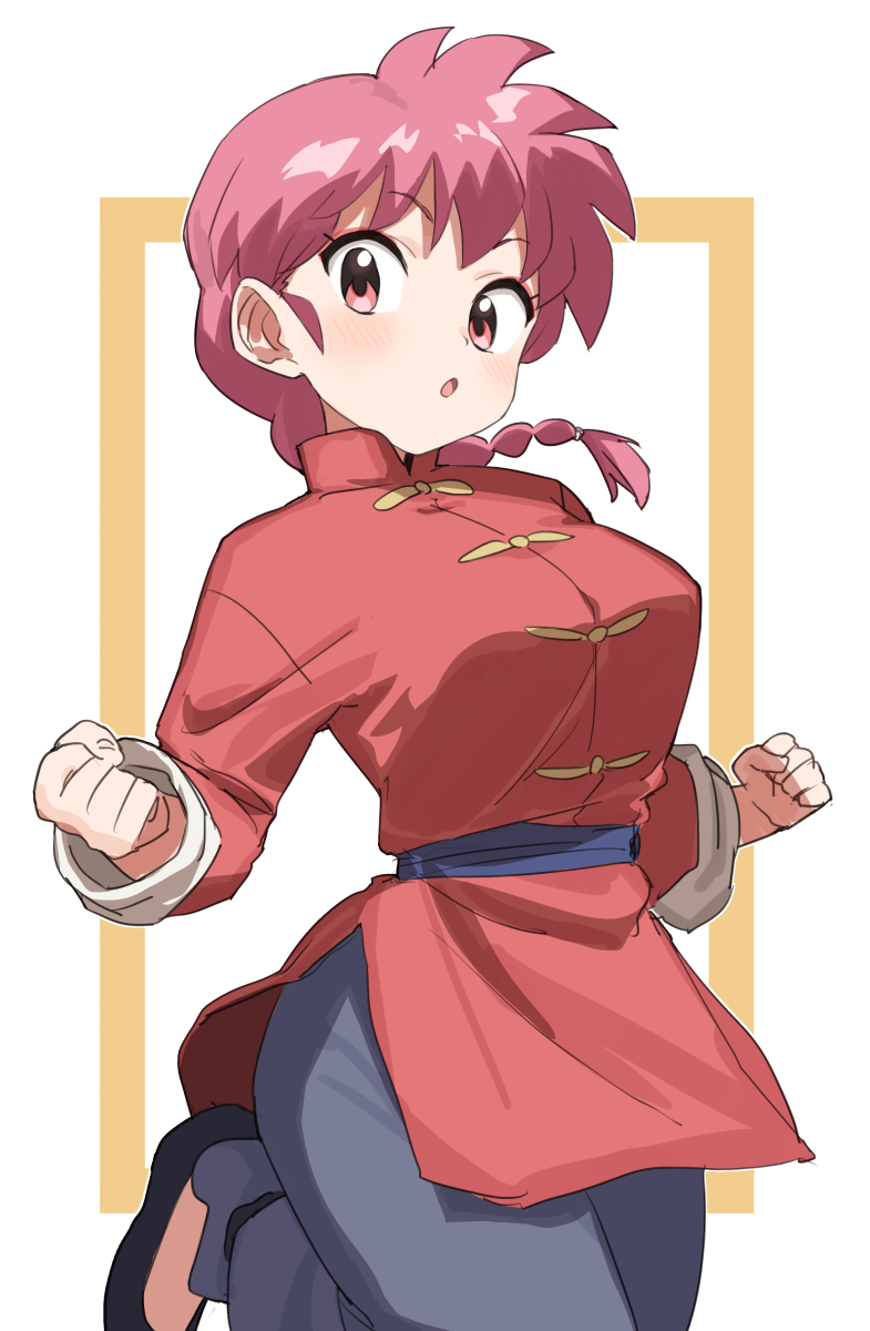 1girl braid braided_ponytail breasts chinese_clothes clenched_teeth gazacy_(dai) highres long_sleeves looking_at_viewer medium_breasts pink_eyes pink_hair ranma-chan ranma_1/2 red_shirt shirt short_hair solo standing standing_on_one_leg teeth