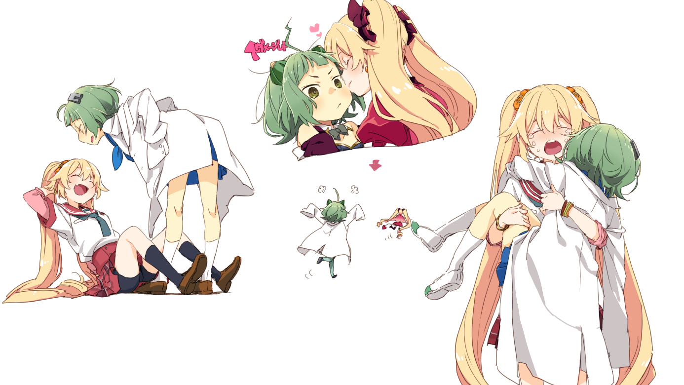 2girls ahoge blonde_hair blush breast_pocket brown_footwear carrying carrying_person closed_eyes closed_mouth coat crying fleeing full_body ganeshia green_eyes green_hair hair_ornament hands_on_own_hips kamihama_university_affiliated_school_uniform kisaki_emiri kiss kissing_cheek lab_coat loafers long_hair magia_record:_mahou_shoujo_madoka_magica_gaiden magical_girl mahou_shoujo_madoka_magica minaminagi_liberty_academy_school_uniform miyako_hinano multiple_girls multiple_views neck_ribbon open_mouth plaid_clothes plaid_skirt pleated_skirt pocket red_sailor_collar red_skirt ribbon running sailor_collar school_uniform serafuku shirt shoes short_hair simple_background sitting skirt smile thighhighs twintails very_long_hair white_background white_coat white_shirt yuri
