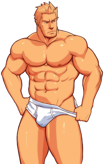 1boy abs bara bare_pectorals beard_stubble biceps blonde_hair bulge cid_highwind collarbone commentary_request facial_hair final_fantasy final_fantasy_vii looking_to_the_side magnum_feering male_focus male_underwear male_underwear_pull muscular muscular_male navel nipples pectorals stubble topless_male underwear white_background white_male_underwear