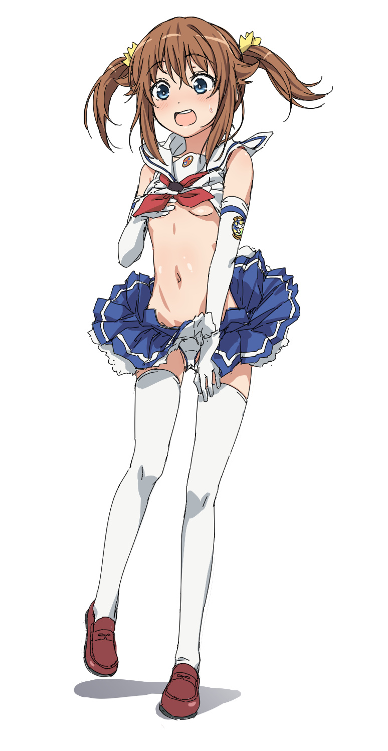 1girl adapted_costume blue_eyes breasts brown_hair clothes_lift elbow_gloves frilled_skirt frills full_body gloves high_school_fleet highres medium_hair misaki_akeno navel open_mouth panties sakakibara_taiga school_uniform shirt skirt skirt_lift sleeveless sleeveless_shirt small_breasts solo thighhighs twintails underboob underwear white_gloves white_panties white_thighhighs yokosuka_girls_marine_high_school_uniform