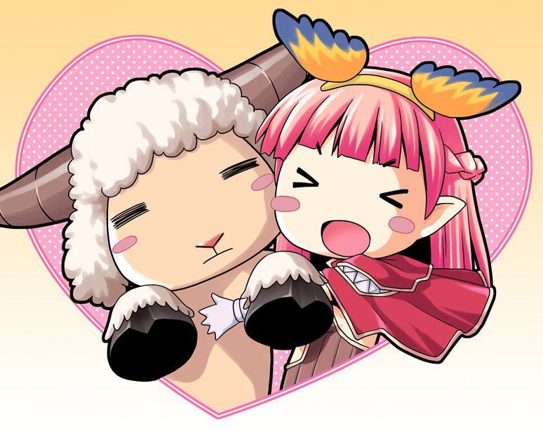 1girl amistr_(ragnarok_online) animal animal_hug blue_wings blunt_bangs blush_stickers braid cape closed_eyes commentary_request creator_(ragnarok_online) fake_wings gloves half_up_braid head_wings heart long_hair open_mouth orange_wings pink_hair ragnarok_online red_cape sheep smile solo upper_body white_gloves wings yellow_background yukuruu