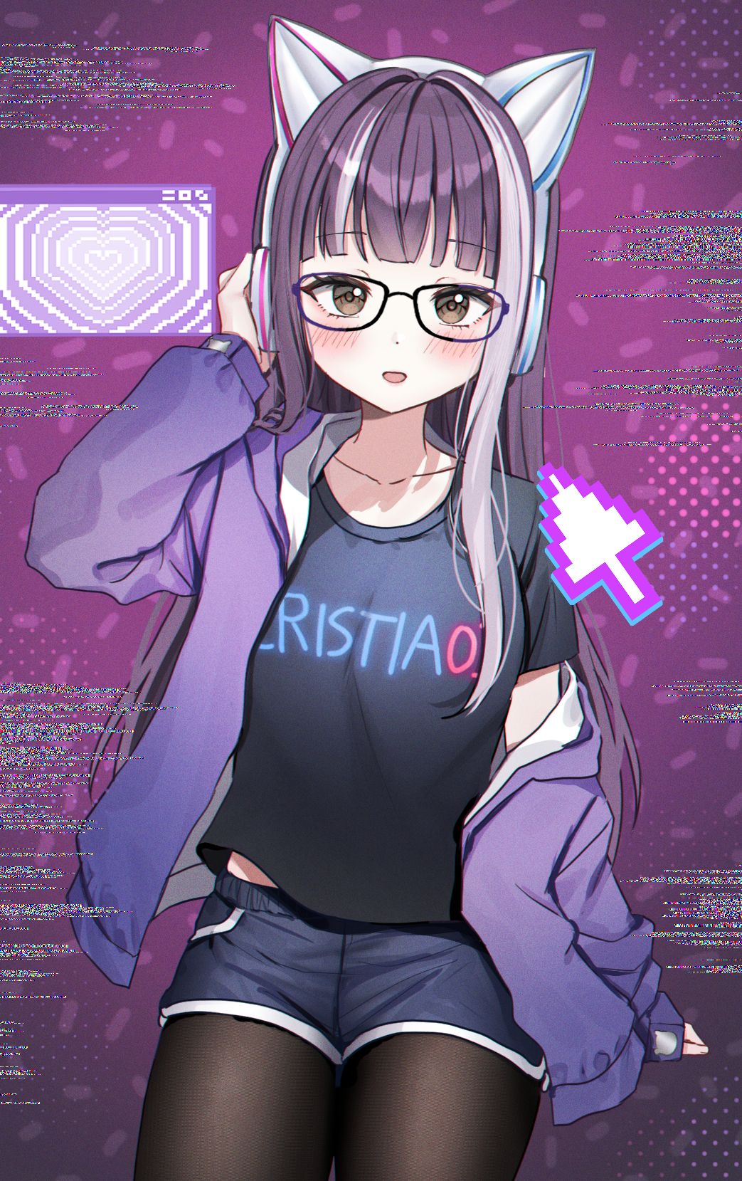 :d animal_ear_headphones animal_ears black-framed_eyewear black_hair black_pantyhose black_shirt blue_shorts blunt_bangs blush brown_eyes cat_ear_headphones collarbone commentary_request fake_animal_ears glasses glitch hand_up headphones highres jacket korean_commentary kubong long_sleeves midriff_peek multicolored_hair open_clothes open_jacket open_mouth original pantyhose print_shirt purple-framed_eyewear purple_background purple_jacket shirt short_shorts short_sleeves shorts single_sleeve_past_wrist smile streaked_hair t-shirt two-tone_eyewear two-tone_hair white_hair