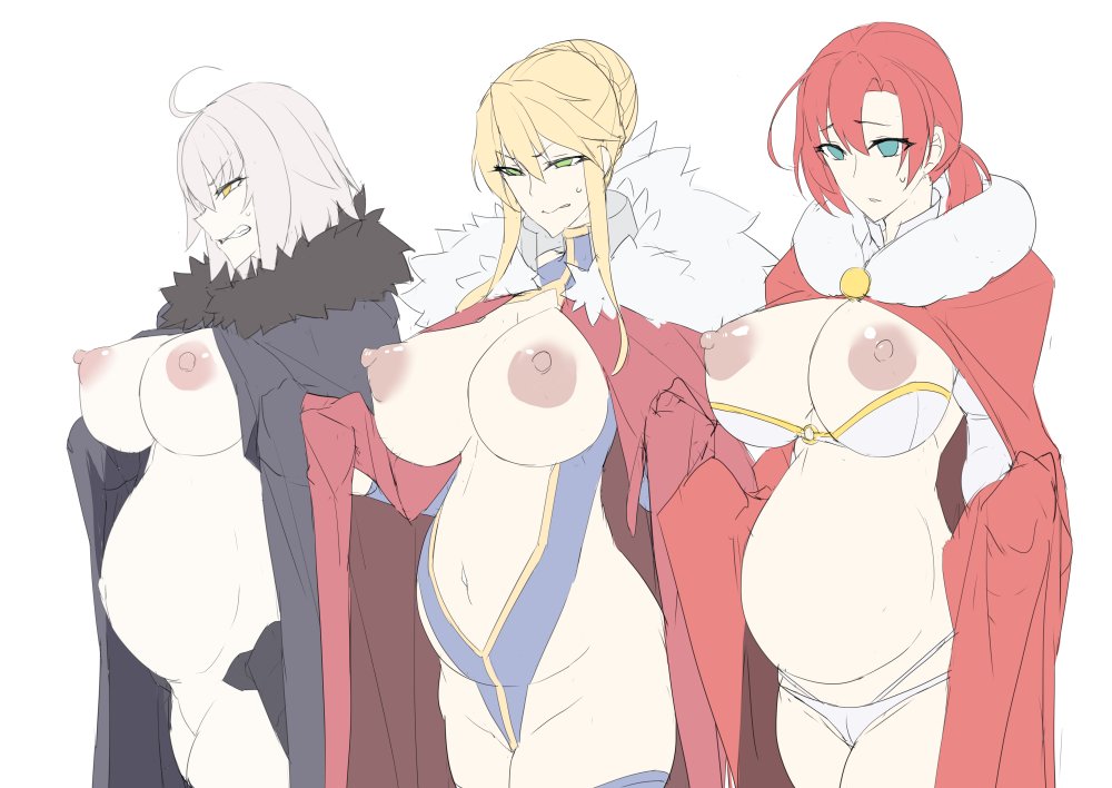 3girls ahoge artoria_pendragon_(fate) artoria_pendragon_(lancer)_(fate) big_belly black_cloak blonde_hair boudica_(fate) braid braided_bun breasts clenched_teeth cloak coat commentary_request dark_nipples fate/grand_order fate_(series) fur-trimmed_coat fur_trim furrowed_brow green_eyes hair_bun jeanne_d&#039;arc_alter_(fate) ky. large_breasts leotard multiple_girls nipples open_cloak open_clothes open_mouth outie_navel panties ponytail pregnant red_cloak red_hair short_hair sidelocks simple_background sweat teeth underwear white_background yellow_eyes
