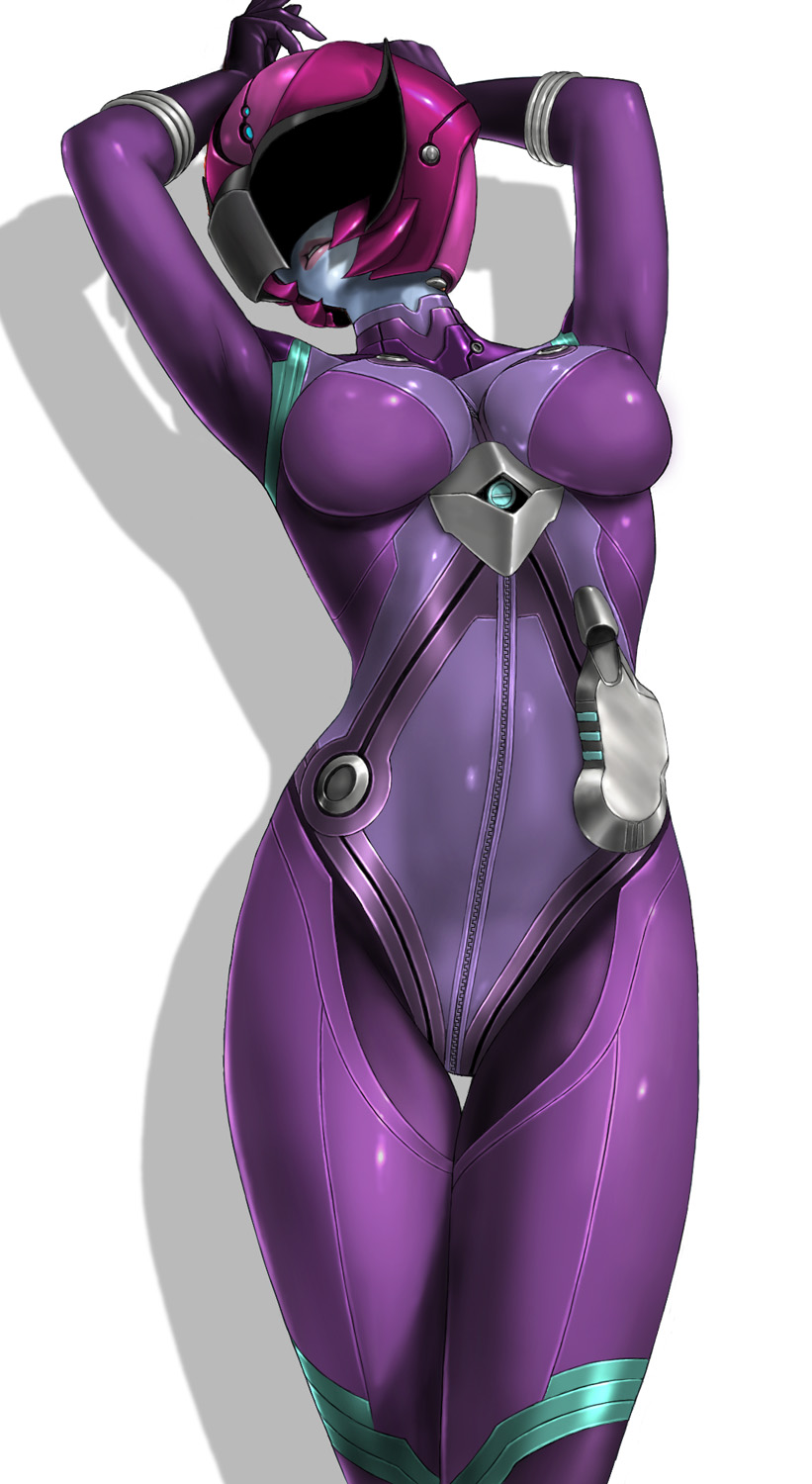 10s 1girl arms_up blue_skin bodysuit breasts colored_skin covered_erect_nipples female_focus from_below gamilas helmet highres large_breasts lips melda_deitz pilot pilot_suit purple_bodysuit science_fiction shadow shiny_clothes simple_background skin_tight solo spacesuit thigh_gap toten_(der_fuhrer) uchuu_senkan_yamato uchuu_senkan_yamato_2199 zipper