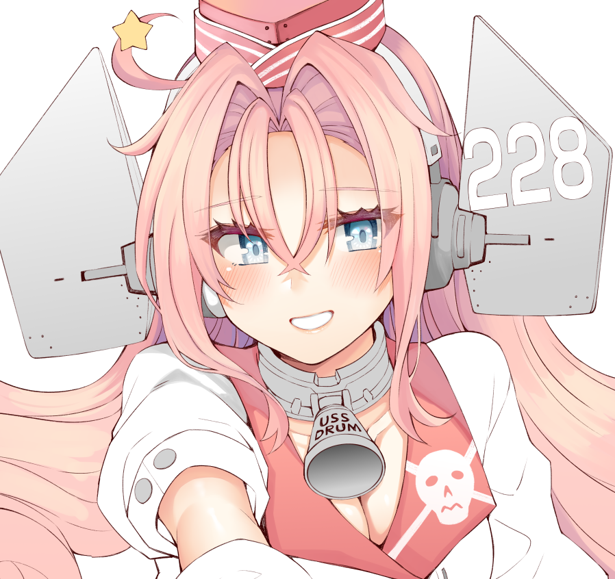 1girl bell breasts cleavage coat collar drum_(kancolle) garrison_cap grey_eyes grin hair_ornament hat headgear kantai_collection looking_at_viewer medium_breasts metal_collar neck_bell parted_lips pink_hair red_hat rui_shi_(rayze_ray) simple_background skull_print smile solo star_(symbol) star_hair_ornament white_background white_coat
