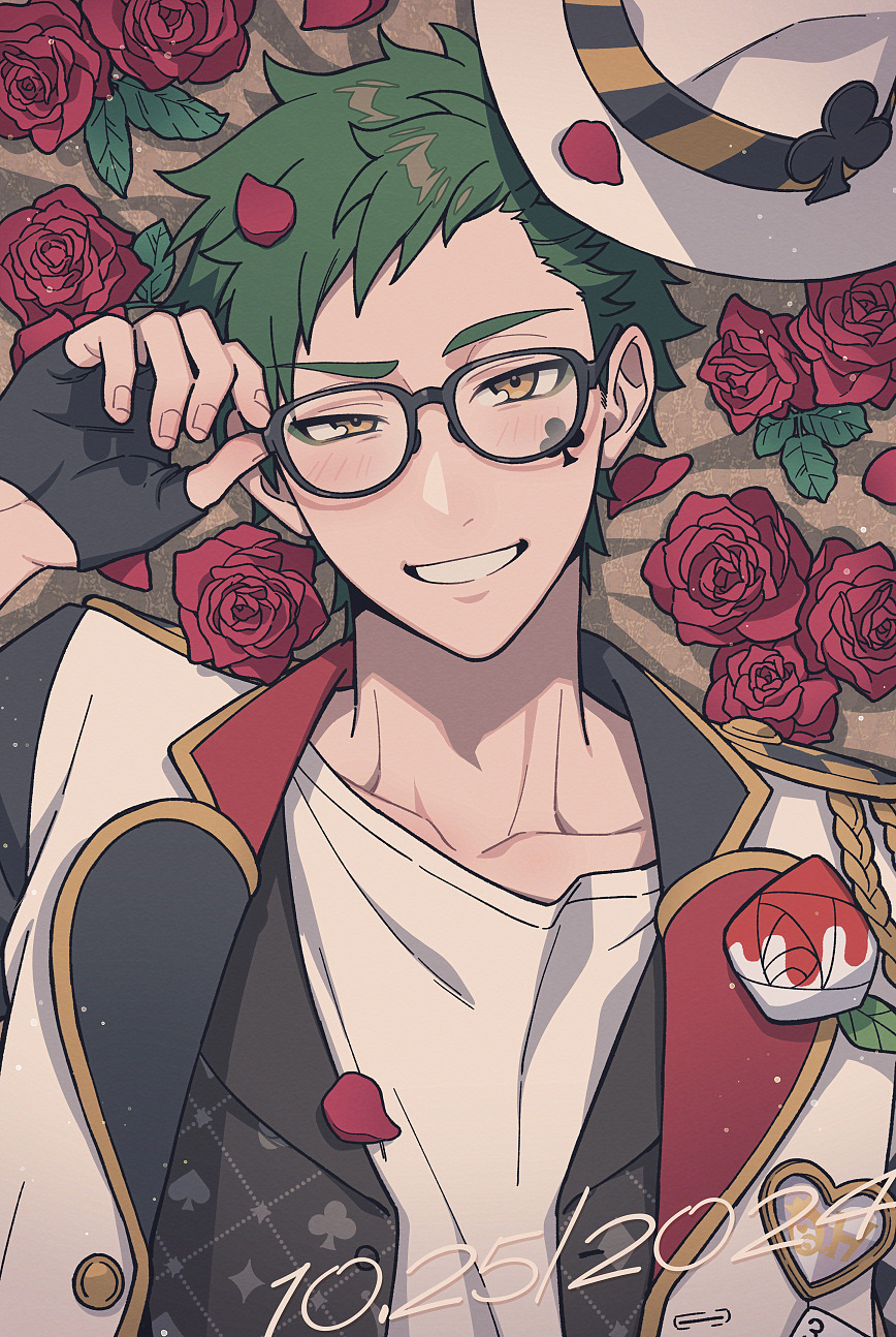 1boy black_gloves club_(shape) club_facial_mark collarbone dated facial_mark fingerless_gloves fingernails flower glasses gloves green_hair grin hat highres jacket kiri_futoshi looking_at_viewer lying male_focus on_back parted_lips red_flower red_rose rose shirt short_hair smile solo trey_clover twisted_wonderland upper_body white_hat white_jacket white_shirt yellow_eyes