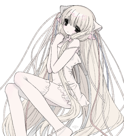 1girl blonde_hair blue_eyes cable chii chobits closed_mouth dress feet_out_of_frame hand_up hands_up long_hair low-tied_sidelocks lowres robot_ears sidelocks simple_background sleeveless sleeveless_dress solo spaghetti_strap thighhighs u_emper very_long_hair white_background white_dress white_thighhighs