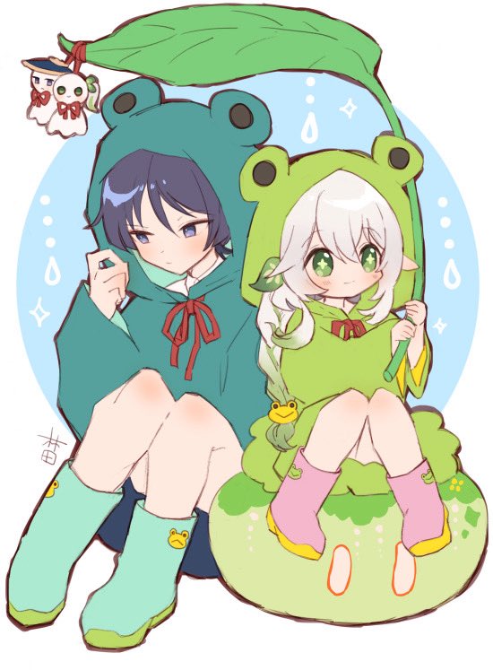 1boy 1girl alternate_costume alternate_hairstyle animal_hood animal_print aqua_boots black_hair black_shorts blunt_ends blush boots braid character_doll closed_mouth colored_tips doll drawstring frog_hood frog_print genshin_impact green_eyes green_hair green_hood green_hoodie green_pupils green_skirt green_sleeves hair_ornament hayashidadesu holding holding_leaf holding_umbrella hood hood_up hoodie knee_blush knees_together_feet_apart knees_up leaf leaf_hair_ornament leaf_umbrella long_braid long_sleeves looking_to_the_side multicolored_hair nahida_(genshin_impact) pink_boots purple_eyes rain rubber_boots scaramouche_(genshin_impact) shorts side_braid sidelocks sitting skirt slime_(genshin_impact) smile star_(symbol) streaked_hair tareme teruterubouzu tsurime umbrella water_drop white_hair