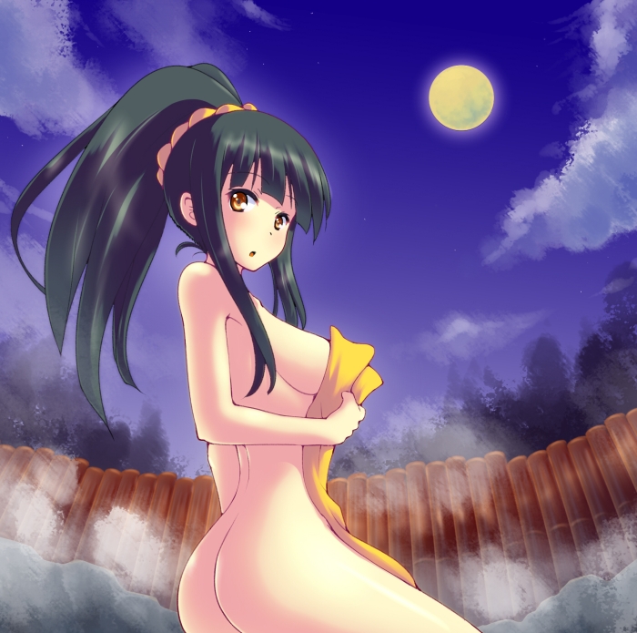 1girl alternate_hairstyle arcana_heart armpits ass black_hair breasts brown_eyes female_focus full_moon hair_ornament high_ponytail kasabou kasuga_maori long_hair looking_at_viewer looking_back moon night nude onsen open_mouth ponytail sitting solo steam tongue towel