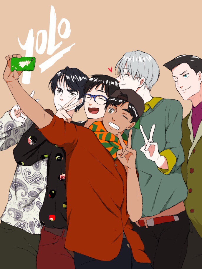 10s 5boys ^_^ arashi_(boom_sate225) backwards_hat baseball_cap black_hair blue-framed_eyewear blue_eyes cellphone dark_skin dark-skinned_male closed_eyes georgi_popovich glasses grey_eyes grin hat heart katsuki_yuuri lee_seung-gil male_focus multiple_boys one_eye_closed open_mouth phichit_chulanont phone scarf selfie silver_hair smartphone smile v viktor_nikiforov yuri!!!_on_ice