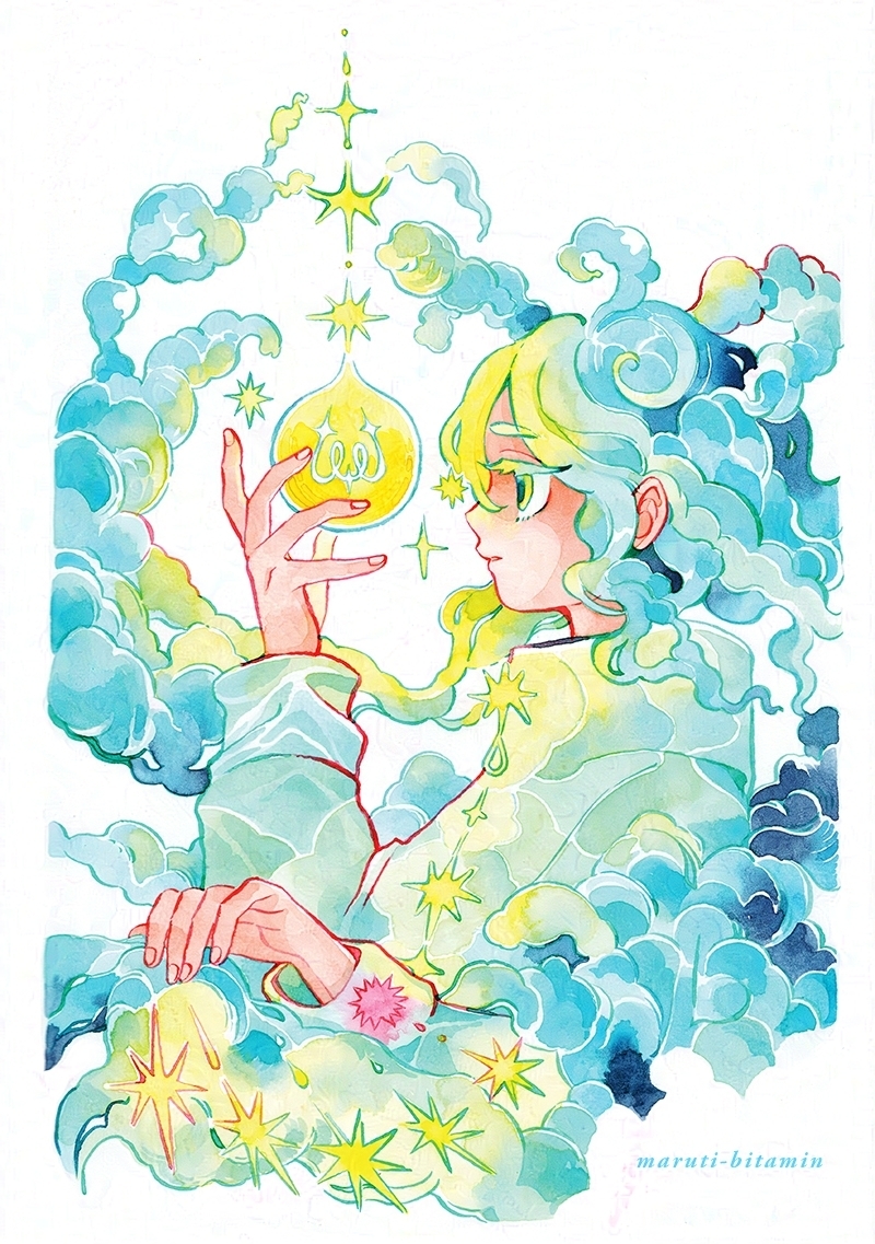 1girl above_clouds artist_name blue_clouds blue_hair border cloud cloud_hair colored_eyelashes commentary english_commentary floating from_side glowing green_shirt hair_between_eyes hand_up light_bulb limited_palette long_sleeves looking_at_object maruti_bitamin medium_hair original painting_(medium) parted_lips profile shirt solo star_(sky) star_(symbol) traditional_media upper_body watercolor_(medium) white_background white_border yellow_light