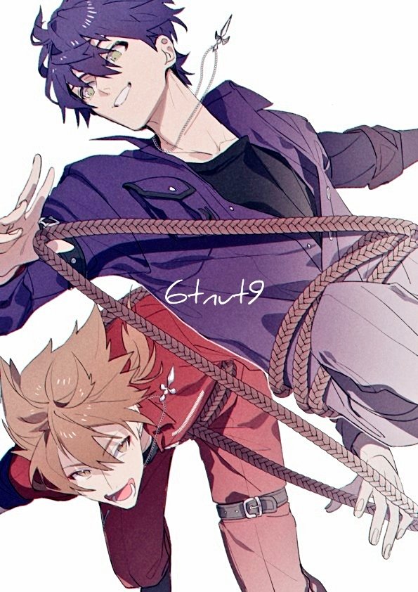 2boys 6tnut9 :d ahoge arm_strap artist_name black_shirt breast_pocket brown_eyes brown_hair buttons collarbone commentary_request fushimi_gaku fushimi_gaku_(7th_costume) green_eyes grin hair_between_eyes jewelry jumpsuit kenmochi_touya kenmochi_touya_(7th_costume) long_sleeves low_ponytail lower_teeth_only male_focus medium_hair mole mole_under_eye multiple_boys necklace nijisanji official_alternate_costume open_jumpsuit open_mouth pocket ponytail purple_hair purple_jumpsuit red_jumpsuit rope shirt short_hair simple_background smile teeth thigh_strap virtual_youtuber white_background