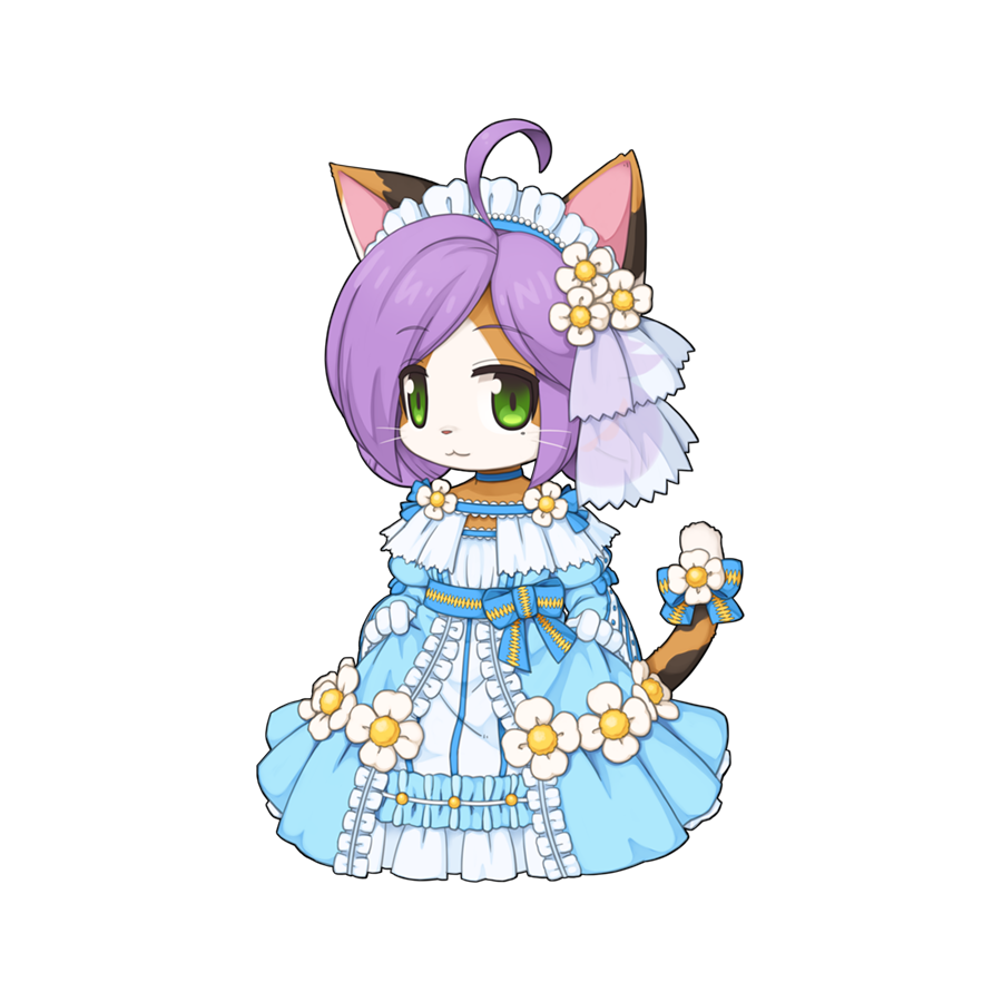 1girl :3 ahoge alternate_costume animal_ears blue_bow blue_dress bow caprese_(ragnarok_online) cat_ears cat_girl cat_tail chibi chibi_only closed_mouth dress dress_flower flower full_body green_eyes hair_flower hair_ornament headdress long_dress looking_at_viewer mole mole_under_eye official_art purple_hair ragnarok_online short_hair simple_background smile solo standing tail tail_flower tail_ornament transparent_background two-tone_dress whiskers white_dress white_flower yuichirou