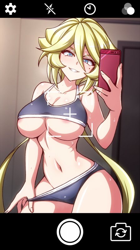 1girl aged_up areola_slip blonde_hair blue_eyes bra breasts carol_malus_dienheim cellphone fake_phone_screenshot fake_screenshot grey_bra grey_panties grey_sports_bra holding holding_phone large_breasts long_hair looking_at_viewer mole mole_under_eye navel panties panty_pull phone selfie senki_zesshou_symphogear shiny_skin skindentation smartphone solo sports_bra sports_panties standing taking_picture underwear underwear_only zetsumu