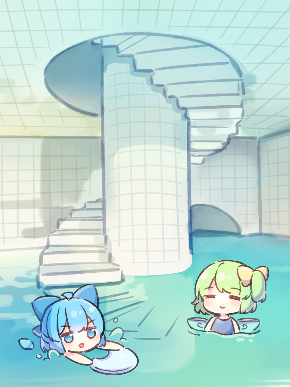 2girls =_= backrooms_(creepypasta) blue_bow blue_eyes blue_hair blush bodyboard bow chibi cirno closed_eyes closed_mouth coa_(chroo_x) commentary_request daiyousei dream_pool fairy_wings green_hair hair_bow highres indoors liminal_space multiple_girls open_mouth partially_submerged pool short_hair side_ponytail smile spiral_staircase stairs touhou water wings yellow_bow