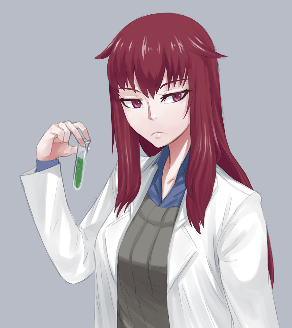 1girl collarbone collared_shirt expressionless female_focus grey_background jiffic lab_coat looking_at_viewer mon-musu_quest! promestein purple_eyes red_hair shadow shirt sidelocks simple_background solo test_tube upper_body