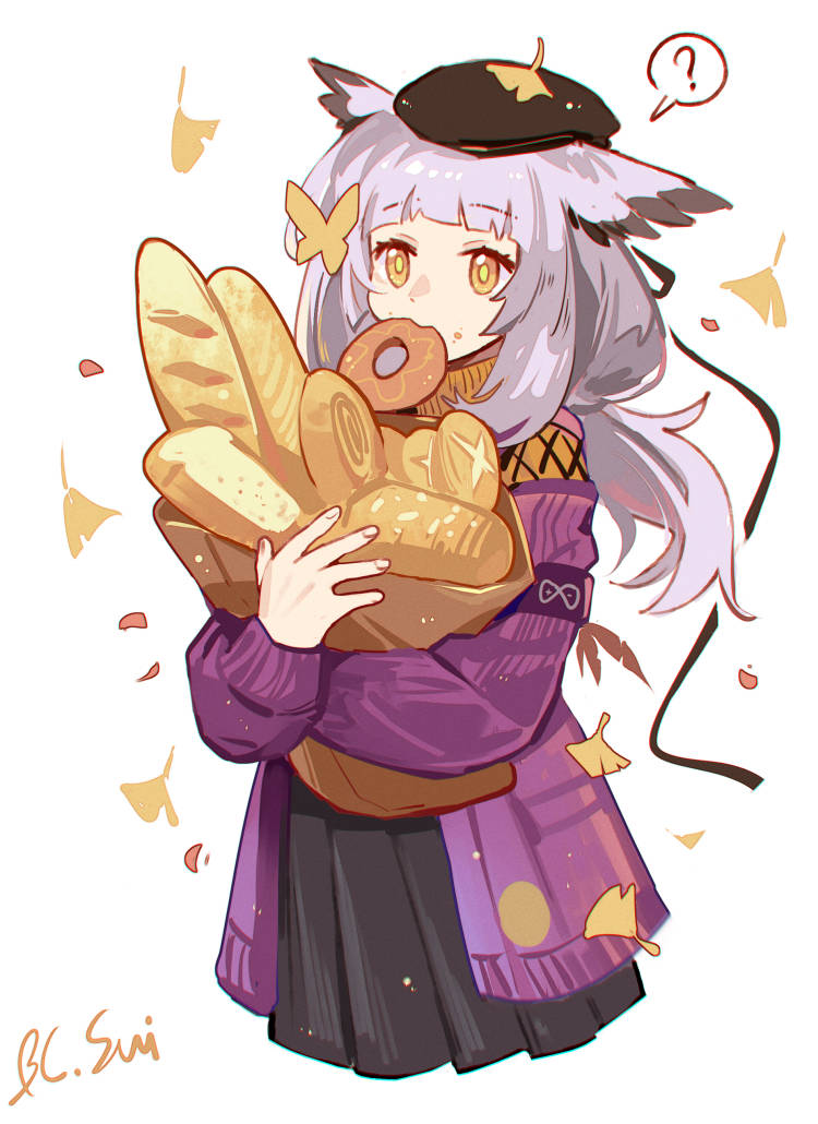 1girl ? animal_ears arknights bag baguette beret bird_ears bread cropped_legs donut falling_leaves falling_petals food food_in_mouth food_on_face grey_hair hair_tie hat holding holding_bag jacket leaf long_hair long_sleeves low_ponytail owl_ears owl_girl petals ponytail ptilopsis_(arknights) ptilopsis_(serenity)_(arknights) purple_jacket raisin_bread signature simple_background solo speech_bubble sui_(blackcatsui_yoi) white_background yellow_eyes