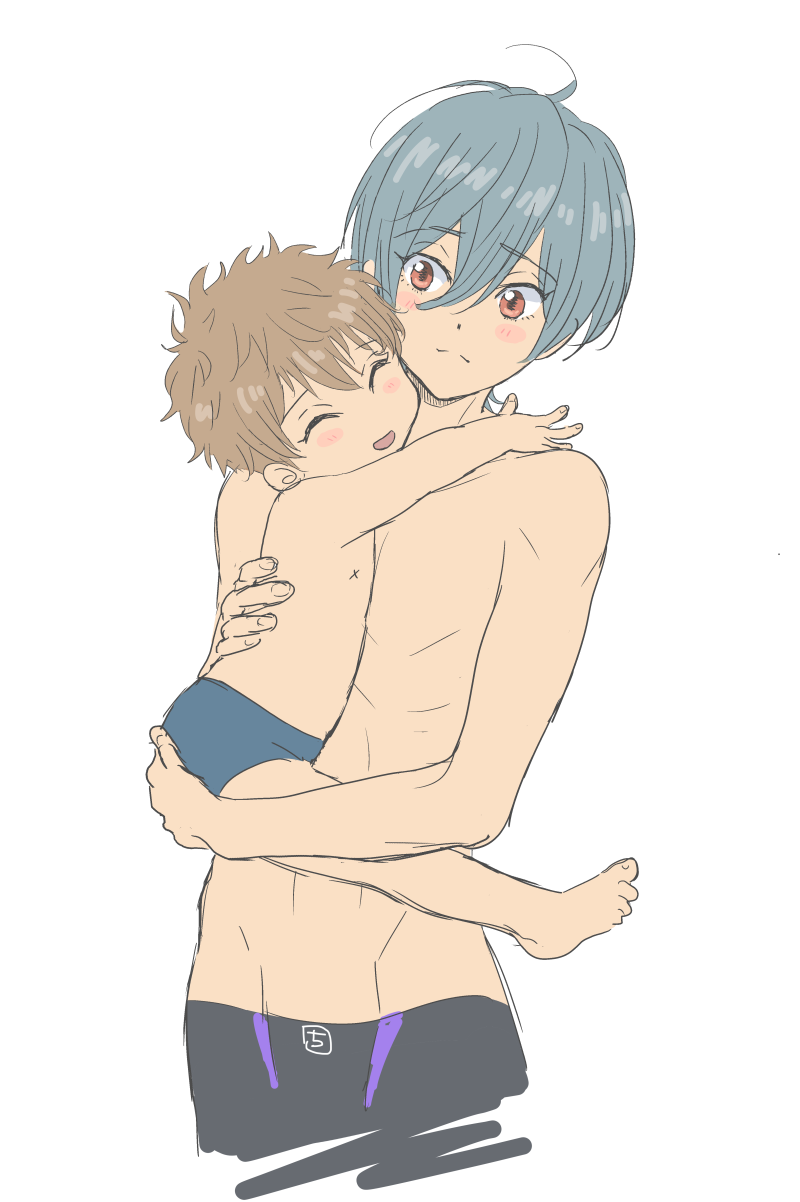 2boys aged_down black_jammers black_male_swimwear blue_male_swimwear blue_swim_briefs blush brothers brown_hair chiha_runba closed_eyes green_hair high_speed! highres jammers kirishima_ikuya kirishima_natsuya male_focus male_swimwear multiple_boys red_eyes short_hair siblings smile standing swim_briefs swimsuit topless_male white_background