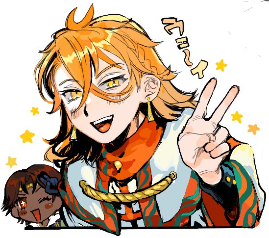 2boys :d crossed_bangs dark-skinned_male dark_skin eyelashes fire_emblem fire_emblem_engage fogado_(fire_emblem) hair_between_eyes looking_at_viewer male_focus mochako_(motyako_1005) multiple_boys nintendo one_eye_closed open_mouth orange_hair pandreo_(fire_emblem) simple_background smile star_(symbol) teeth translation_request upper_body upper_teeth_only v white_background yellow_eyes