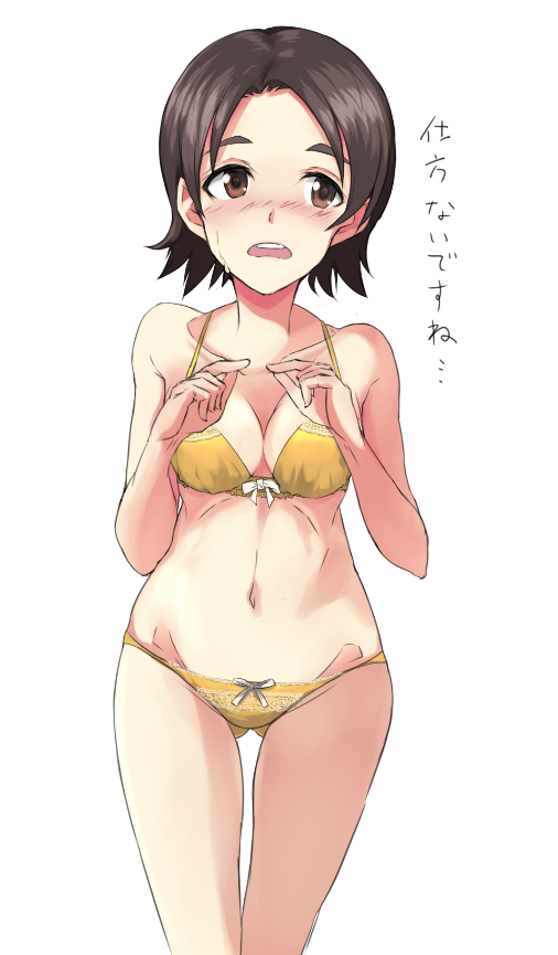 1girl blush bow bow_bra bow_panties bra breasts brown_eyes brown_hair collarbone commentary cowboy_shot female_focus fingers_together girls_und_panzer gluteal_fold index_fingers_together looking_at_viewer medium_breasts open_mouth panties parted_bangs sawa_azusa short_hair simple_background solo standing sweatdrop thigh_gap translated tsuru_(tsubasa1993621) underwear underwear_only white_background white_bow yellow_bra yellow_panties