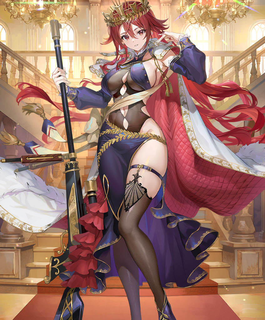 1girl artist_request banister belt black_thighhighs blue_dress breasts cape chandelier check_artist cleavage_cutout clothing_cutout commentary crown detached_sleeves dress evertale gem groin gun hair_between_eyes holding holding_gun holding_weapon indoors large_breasts long_hair looking_at_viewer napoleon_(evertale) official_art red_cape red_carpet red_eyes red_gemstone red_hair revealing_clothes rifle sage_joh scope side_slit sideboob skindentation smile sniper_rifle stairs standing tassel thigh_belt thigh_strap thighhighs two-tone_cape weapon white_cape wide_hips window