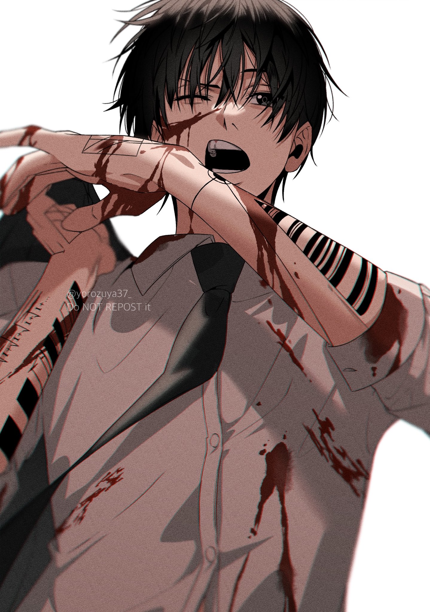 1boy arm_tattoo black_eyes black_hair black_necktie blood blood_on_arm blood_on_clothes blood_on_face blood_on_hands collared_shirt highres male_focus nagumo_(sakamoto_days) necktie one_eye_closed open_mouth sakamoto_days shirt short_hair simple_background solo tattoo teeth white_background yorozuya37