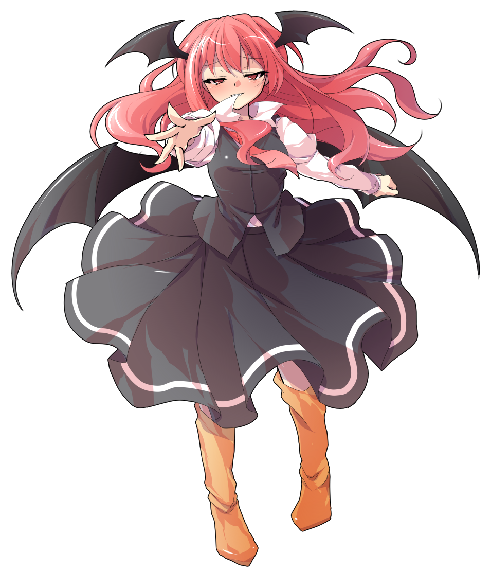 1girl alphes_(style) black_skirt black_vest blush boots breasts commentary_request dairi full_body hair_between_eyes head_wings juliet_sleeves koakuma large_variant_set long_hair long_sleeves necktie orange_boots outstretched_arm parody puffy_sleeves red_hair red_necktie skirt solo style_parody tachi-e touhou transparent_background variant_set vest wings
