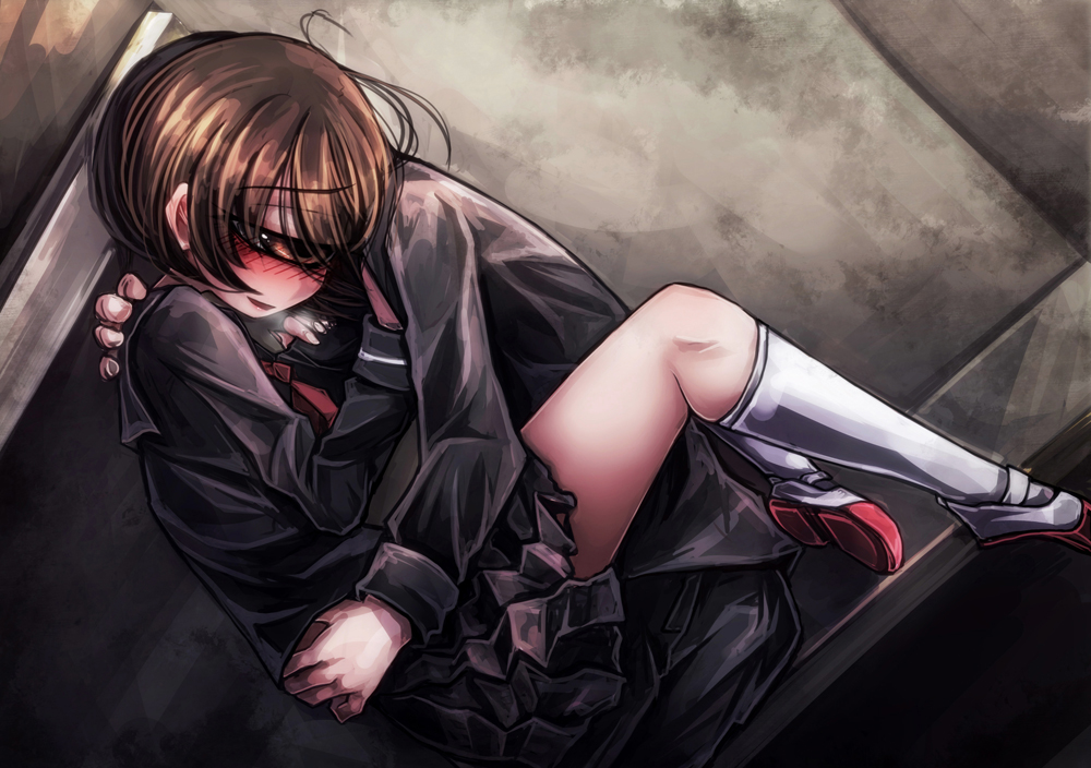 1boy 1girl black_serafuku black_skirt blush brown_hair couple cyclops heavy_breathing hetero hitomebore hug implied_sex kneehighs monster_girl one-eyed original ray-k school_uniform serafuku shoes short_hair single_eye skirt smile socks straddling upright_straddle usui_sachi white_socks