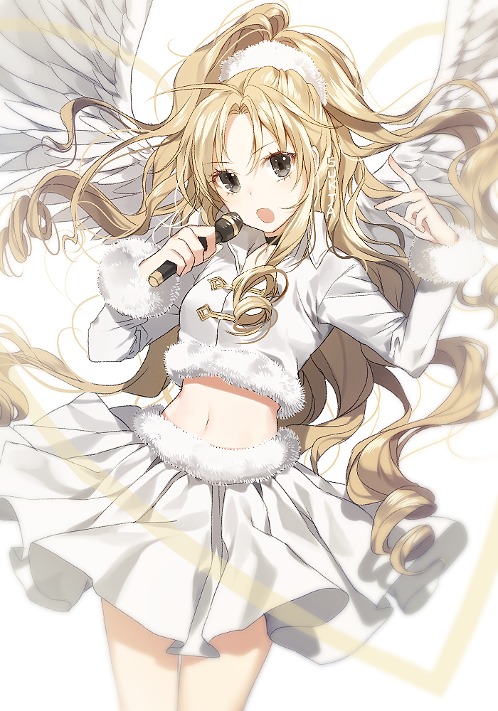 1girl cowboy_shot cropped_jacket curly_hair feathered_wings female_focus floating_hair full_moon_(full_moon_wo_sagashite) full_moon_wo_sagashite grey_eyes hair_ornament hair_scrunchie hands_up holding holding_microphone kouyama_mitsuki long_hair long_sleeves looking_at_viewer microphone midriff navel open_mouth parted_bangs ringlets scrunchie skirt solo sukja white_background white_skirt white_wings wings