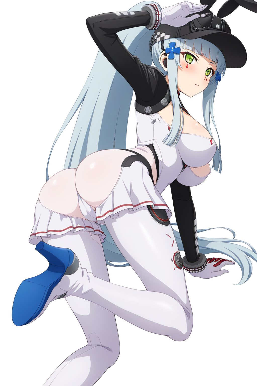 1girl alternate_costume ass ass_focus baseball_cap blush bodysuit boots breasts cameltoe from_behind girls&#039;_frontline girls&#039;_frontline_2:_exilium gloves green_eyes hair_ornament hairclip hat high_heel_boots high_heels highres hk416_(girls&#039;_frontline) huge_ass klukai_(girls&#039;_frontline_2) klukai_(speed_star)_(girls&#039;_frontline_2) large_breasts leaning leaning_forward leotard long_hair looking_at_viewer ponytail raygun19 sideboob solo tattoo teardrop_tattoo thigh_boots very_long_hair white_hair