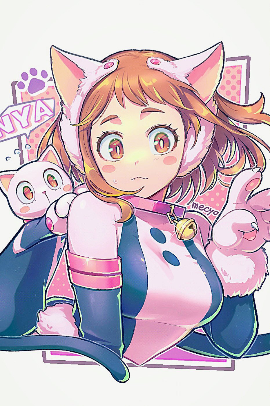 1girl ^^^ animal_collar animal_ears animal_hands arm_at_side artist_name bell black_bodysuit black_border blush_stickers bodysuit boku_no_hero_academia border brown_eyes brown_hair cat cat_ears cat_paw cat_tail claw_pose closed_mouth collar commentary cropped_torso fake_animal_ears fang gradient_background hand_up highres jingle_bell looking_at_viewer mecyo_(mamezurushiki) medium_hair neck_bell nervous nyan pink_background pink_bodysuit polka_dot polka_dot_background red_collar sidelocks solo sparkle speech_bubble sweatdrop symbol-only_commentary tail thick_eyebrows three_quarter_view two-tone_bodysuit upper_body uraraka_ochako white_border
