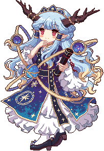 1girl bamboo_slips black_footwear blonde_hair blue_gemstone blue_hair blue_ribbon dress four-pointed_star frilled_dress frilled_sleeves frills full_body game_cg gem gold_choker gold_tiara gradient_hair hair_tubes high_heels holding holding_scroll horns jewelry jien_yuu kumio long_dress lowres multicolored_hair orb original pointy_ears purple_gemstone red_eyes ribbon robe scroll socks solo space_print star_(symbol) starry_sky_print tachi-e third-party_source tiara touhou touhou_blooming_chaos touhou_mystia&#039;s_izakaya transparent_background white_socks