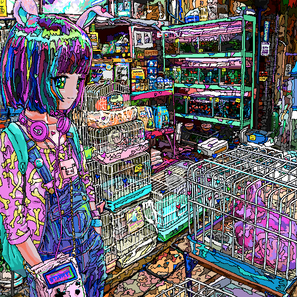 1girl ace_akira animal_ears bag beats_by_dr._dre blue_bra bone_print bra cage fish game_boy game_boy_(original) goldfish handheld_game_console headphones headphones_around_neck heart indoors long_sleeves minecraft multicolored_hair original overalls pig_(minecraft) pink_shirt print_shirt purple_hair rabbit rabbit_ears shelf shirt shop short_hair solo standing three-quarter_sleeves underwear